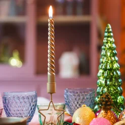 4 Gedrehte Kerzen, Altgold Metallic, Paraffin, 25 Cm