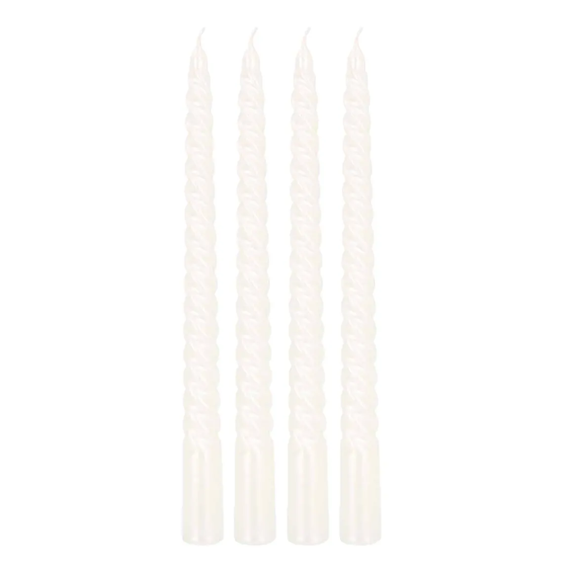 4 Gedrehte Kerzen, Weiß Metallic, Paraffin, 25 Cm