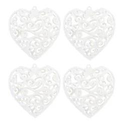 4 Glitzer Weihnachtsherzen Créme, 7,5 Cm