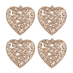 4 Glitzer Weihnachtsherzen Champagner, 7,5 Cm