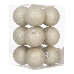 12 Hellgoldene Glitter-Weihnachtskugeln In Praktischer Box