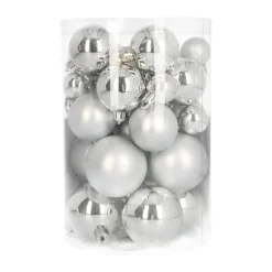 36 Kleine Weihnachtskugeln Silber, Kunststoff, 2,5-5 Cm