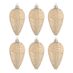 6 Tannenzapfen Hellgold, Kunststoff, 9 Cm