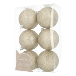 6 Weihnachtskugeln Glitzermantel Champagner, Aus Kunststoff, 7 Cm