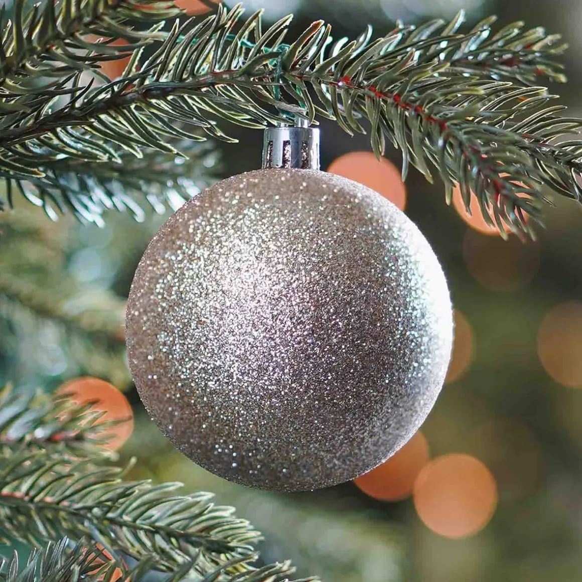 6 Weihnachtskugeln Glitzermantel Champagner, Aus Kunststoff, 7 Cm