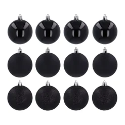 12 Weihnachtskugeln Schwarz, Aus Kunststoff, 7 Cm