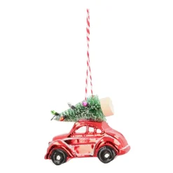 Anhänger Auto Mit Tannenbaum, Rot, Kunststoff, 10 Cm