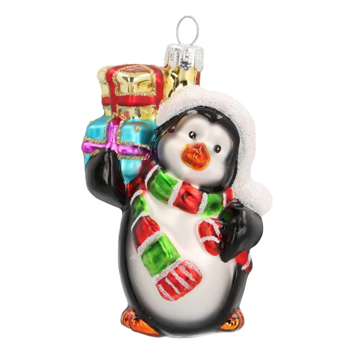 Anhänger Pinguin Mit Geschenken, Schwarz-weiß, Glas, 9 Cm