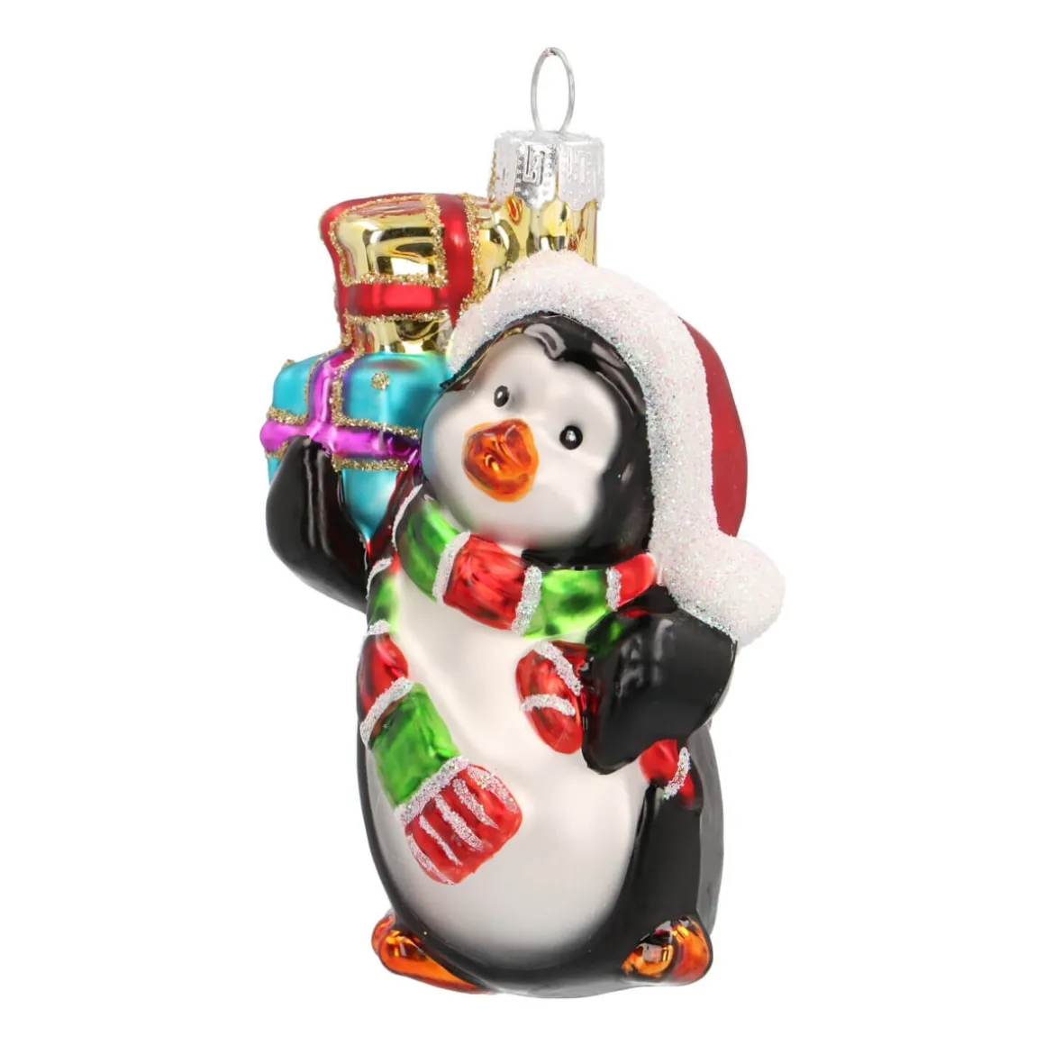 Anhänger Pinguin Mit Geschenken, Schwarz-weiß, Glas, 9 Cm