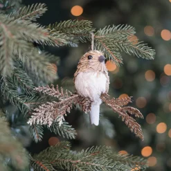 Anhänger Vogel Auf Glitzer-Blatt, Weiß-braun, Kunststoff, 9 Cm