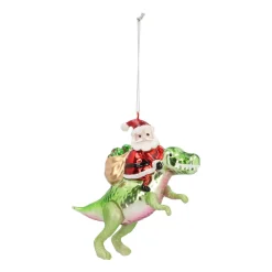 Anhänger Weihnachtsmann Auf T-Rex, Rot-grün, Glas, 13 Cm