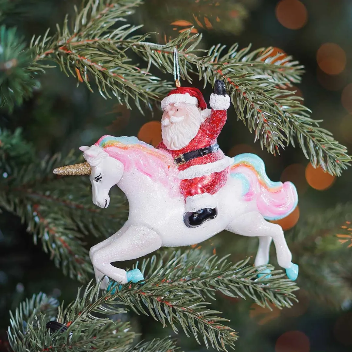 Anhänger Weihnachtsmann Auf Einhorn, Bunt, Glas, 12 Cm