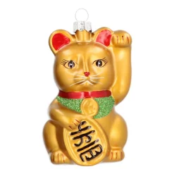 Anhänger Winkende Katze, Gold, Glas, 10,5 Cm