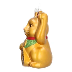 Anhänger Winkende Katze, Gold, Glas, 10,5 Cm