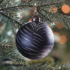 Edle Weihnachtskugel Goldstreifen, Schwarz, Glas, 8 Cm