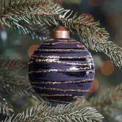 Edle Weihnachtskugel Streifen Elegant, Schwarz-champagner, Glas, 8 Cm