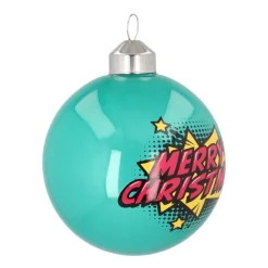 Extravagante Pop-art Weihnachtskugel „Merry Christmas“, Petrol, Glas, 8 Cm