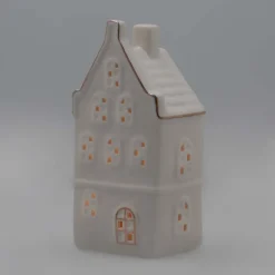 LED Lichthaus „Stufengiebel“, Weiß, Porzellan, 18 Cm