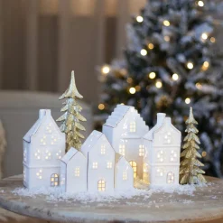 LED Lichthaus „Stufengiebel“, Weiß, Porzellan, 17 Cm