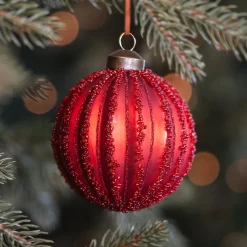 Rote Craquelé-Weihnachtskugel Im Vintage-Look Mit Glitzerlinien