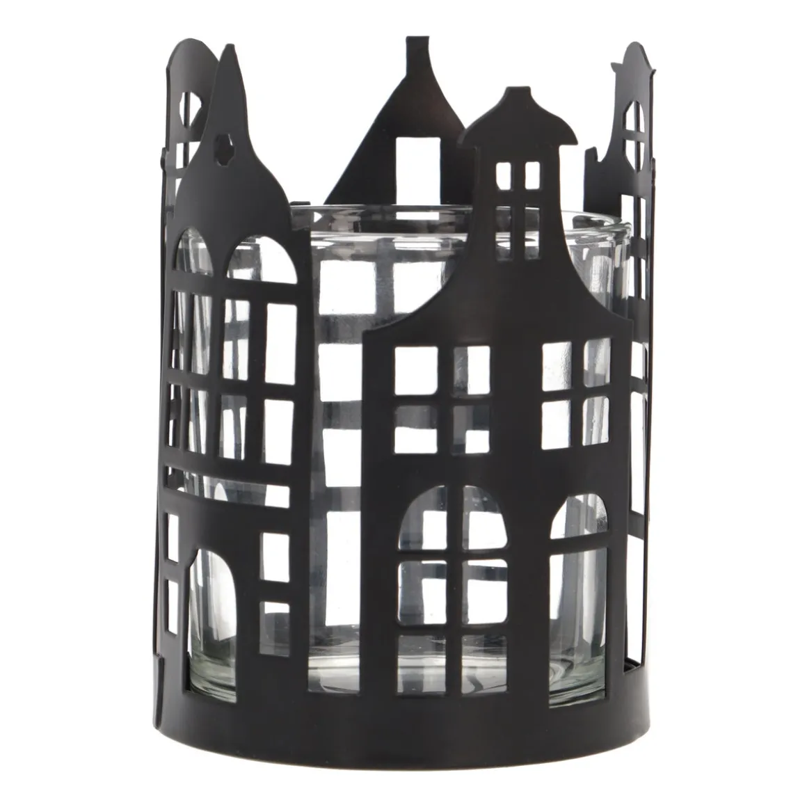 Schwarzer Teelichthalter Mit Grachtenhäusern