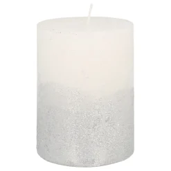 Stumpenkerze, Weiß Mit Silbernem Glitzer, Paraffin, 10 Cm