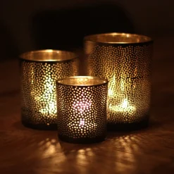 Teelichthalter Lochmuster Schwarz, Glas, 8 Cm