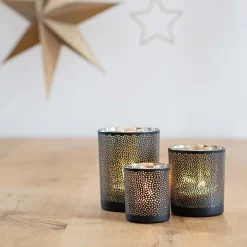 Teelichthalter Lochmuster Schwarz, Glas, 12,5 Cm