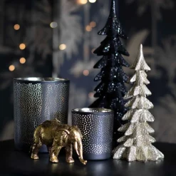 Teelichthalter Lochmuster Schwarz, Glas, 12,5 Cm