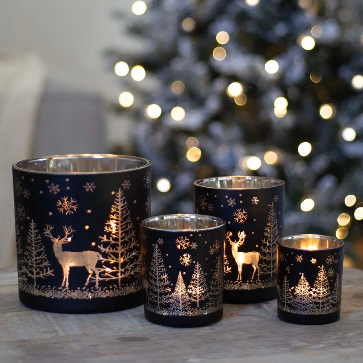 Teelichthalter Rentier Im Wald, Schwarz, Glas, 8 Cm