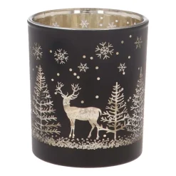 Teelichthalter Rentier Im Wald, Schwarz, Glas, 8 Cm