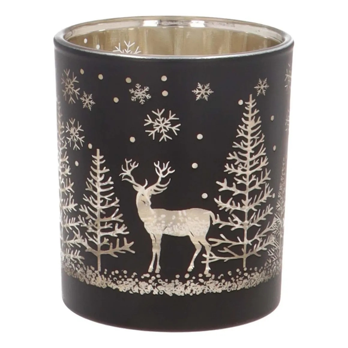 Teelichthalter Rentier Im Wald, Schwarz, Glas, 8 Cm