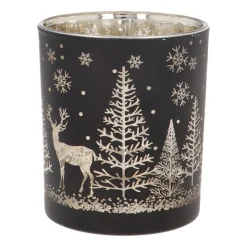 Teelichthalter Rentier Im Wald, Schwarz, Glas, 10 Cm