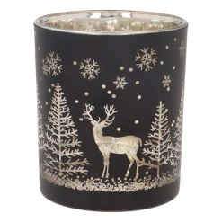 Teelichthalter Rentier Im Wald, Schwarz, Glas, 10 Cm