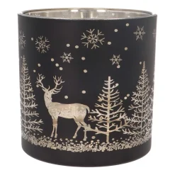 Teelichthalter Rentier Im Wald, Schwarz, Glas, 15 Cm