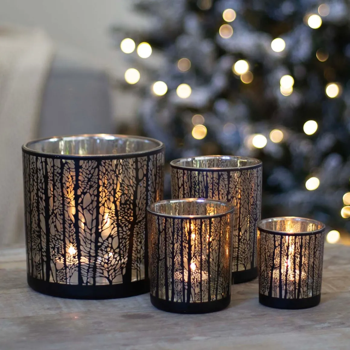 Teelichthalter Wald, Schwarz, Glas, 8 Cm