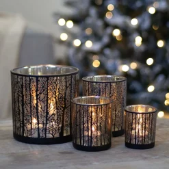 Teelichthalter Wald, Schwarz, Glas, 8 Cm