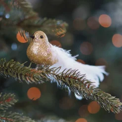 Vogel Mit Clip Und Feder, Hellgold-weiß, Kunststoff, 15 Cm