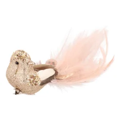 Vogel Mit Clip Und Feder, Hellgold, Kunststoff, 18 Cm