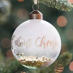 Weihnachtskugel „It's All About Christmas“, Transparent-weiß-gold, Glas, 8 Cm