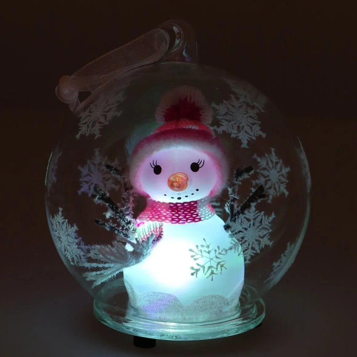 Weihnachtskugel Schneemann-Figur Mit LED-Licht Rosa, 10 Cm