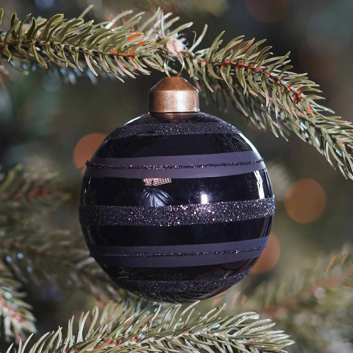 Weihnachtskugel Streifen, Schwarz, Glas, 8 Cm